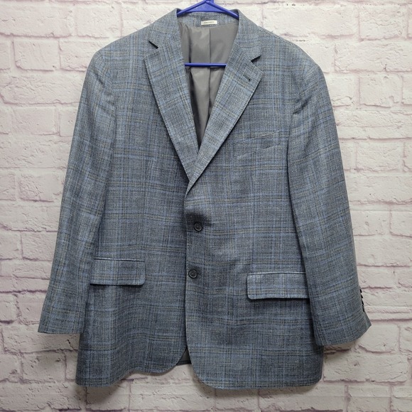 Joseph Abboud Heritage Blazer 44 *Size‎ Altered Wool Silk Linen Blue Gray Plaid